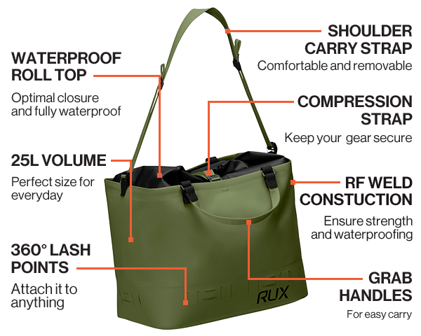 RUX Waterproof Bag 25L Rolltop Waterproof Gear Tote Bag